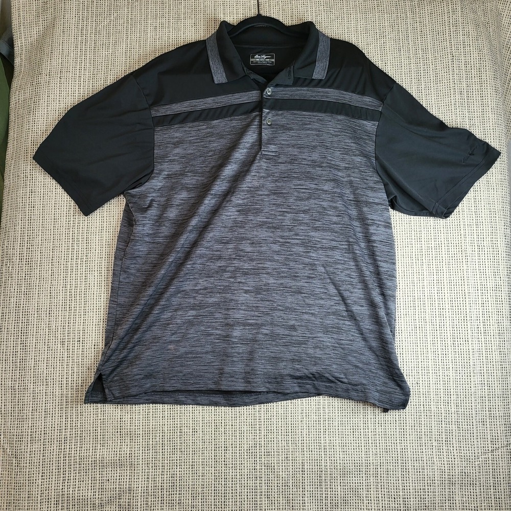 Ben Hogan Polo‎ Shirt Mens Large Black Gray Striped Short Sleeve Polyester